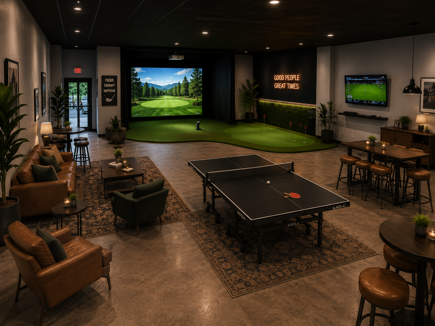 Game Room — golf simulator, putting green, ping-pong