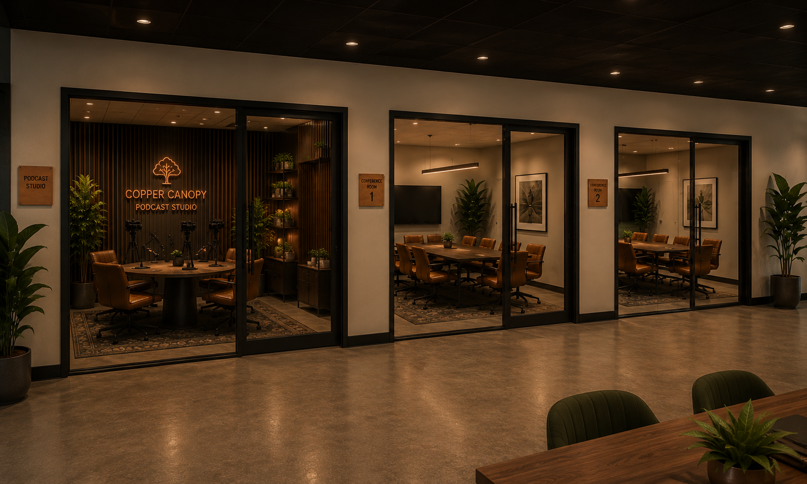 Conference Rooms — black metal, glass, dark wood slat