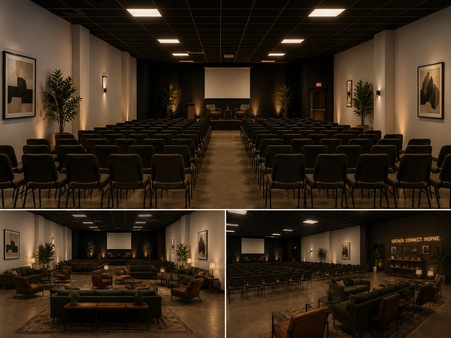 Lounge & Event Space — leather sofas, low light, member conversations