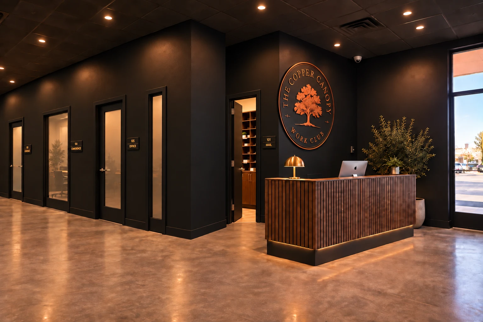 Private Offices — frosted-glass office doors along the corridor beside the reception desk and member mail room