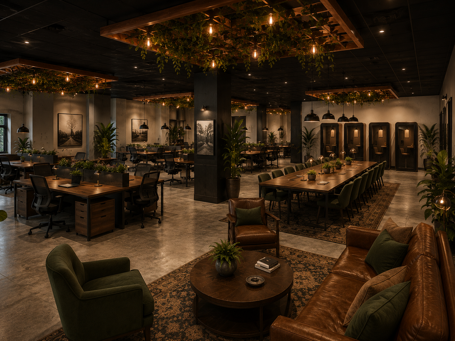 The Workspace — premium coworking with leather, wood slat, and warm copper light