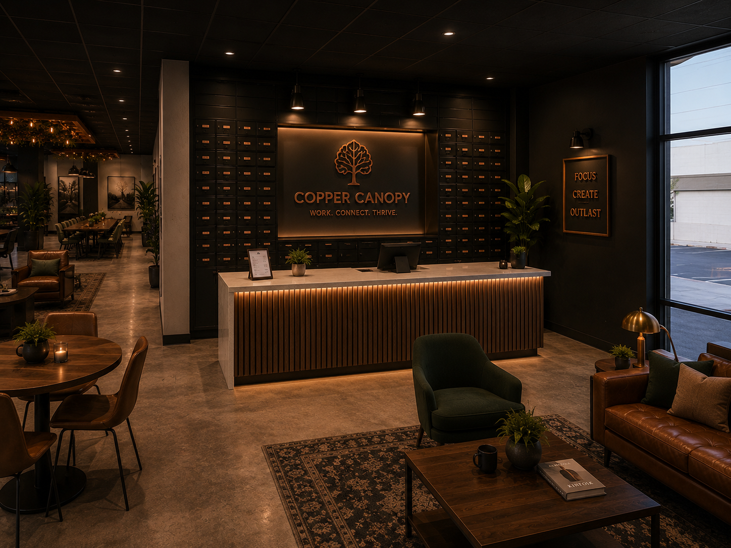 The Copper Canopy reception lobby — dark feature wall of mailboxes with copper-backlit canopy-tree logo